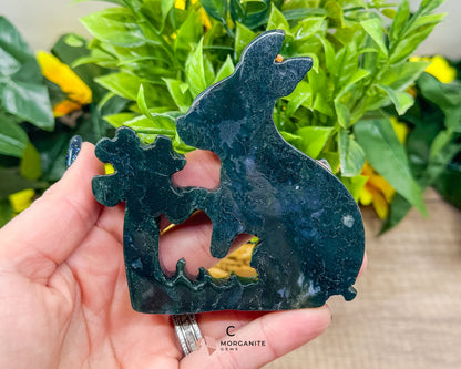 Moss Agate Rabbit Kissing Flower Carving – Perfect for Ostara and Easter Decor-Morganite Gems