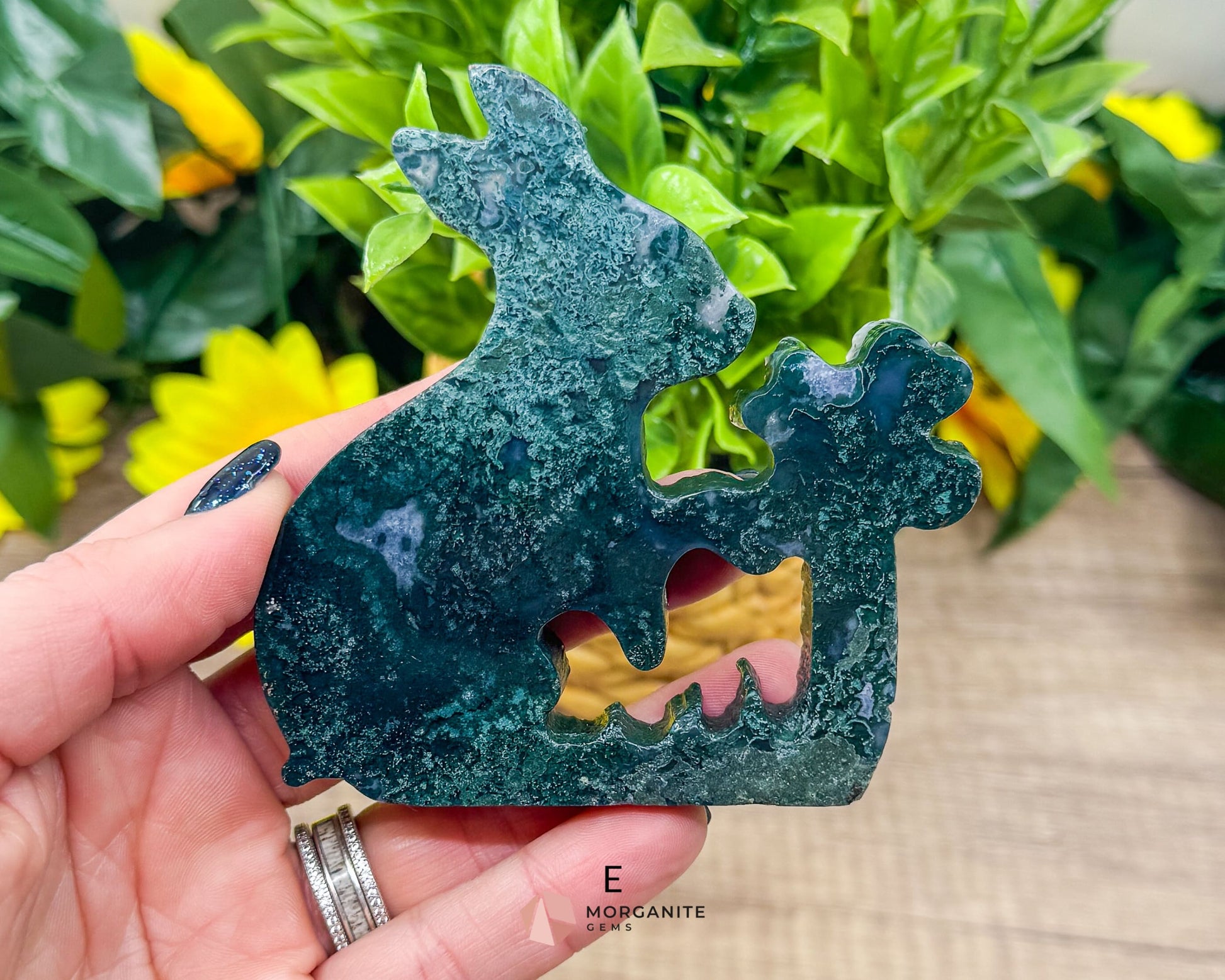 Moss Agate Rabbit Kissing Flower Carving – Perfect for Ostara and Easter Decor-Morganite Gems