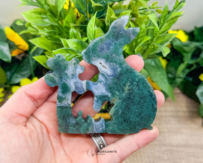 Moss Agate Rabbit Kissing Flower Carving – Perfect for Ostara and Easter Decor-Morganite Gems