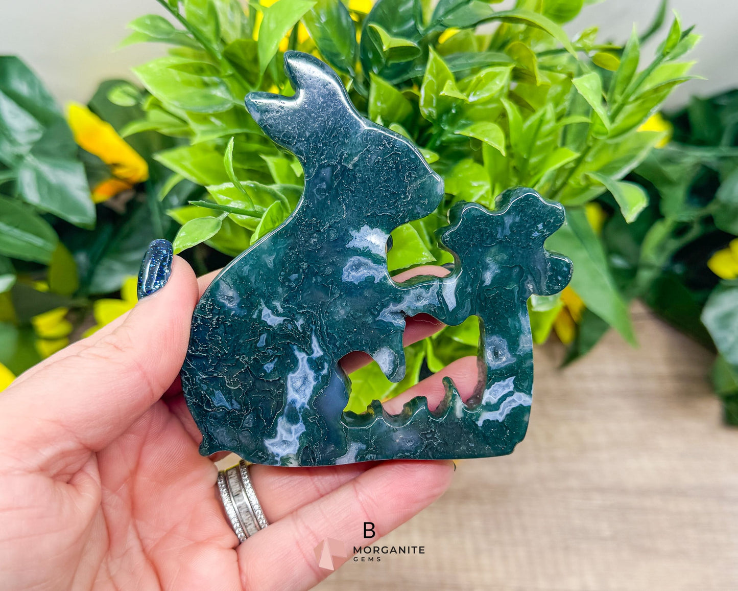 Moss Agate Rabbit Kissing Flower Carving – Perfect for Ostara and Easter Decor-Morganite Gems