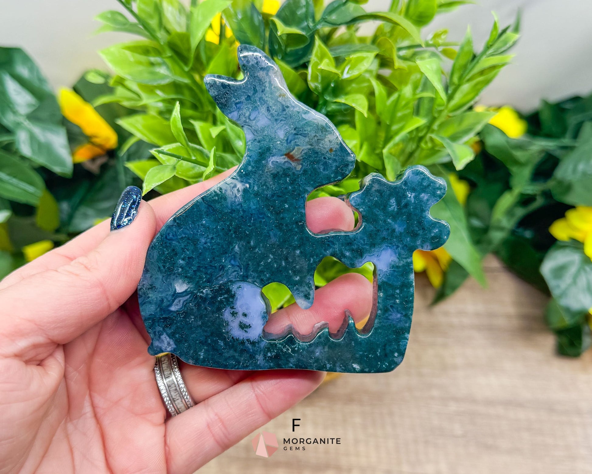 Moss Agate Rabbit Kissing Flower Carving – Perfect for Ostara and Easter Decor-Morganite Gems