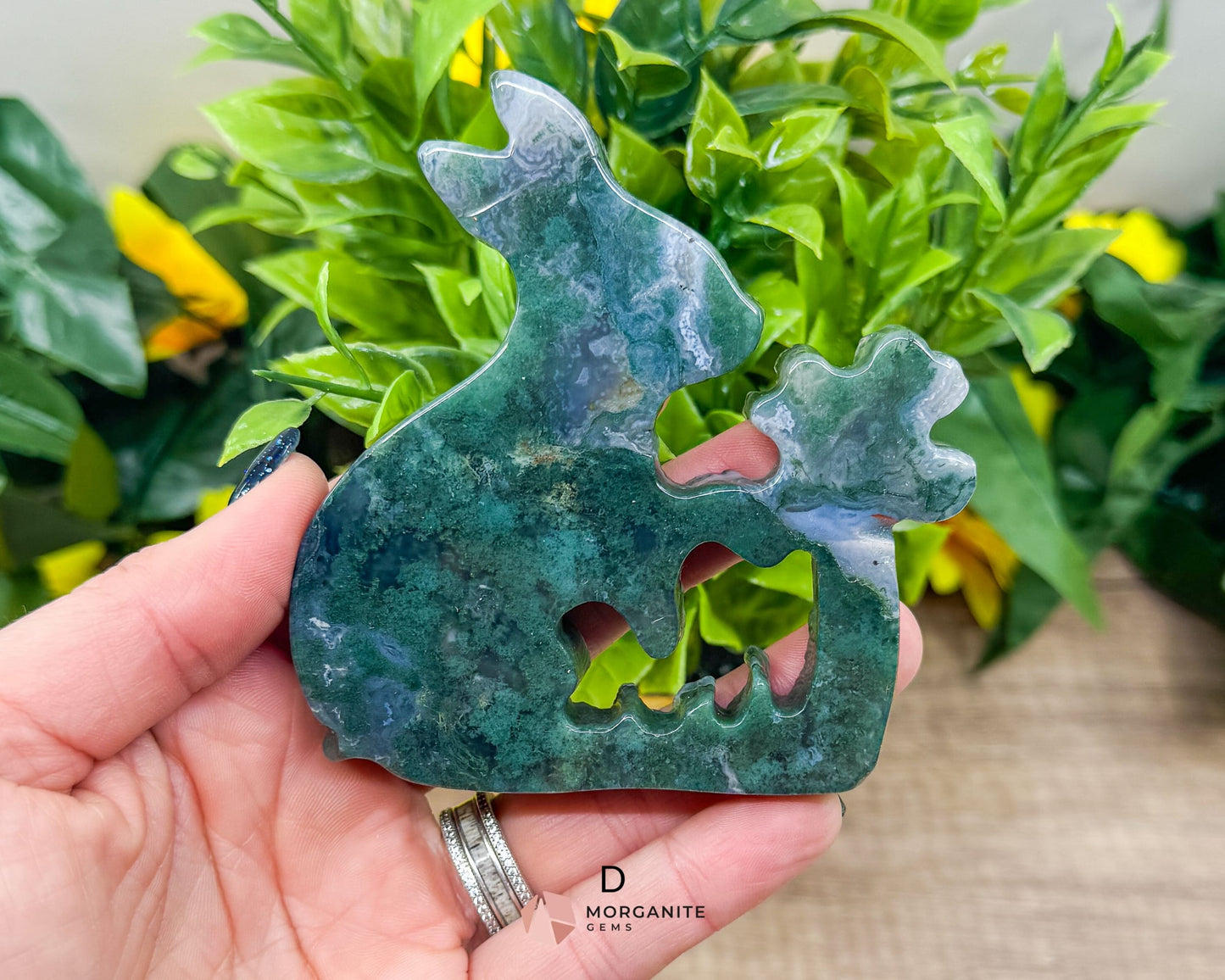 Moss Agate Rabbit Kissing Flower Carving – Perfect for Ostara and Easter Decor-Morganite Gems