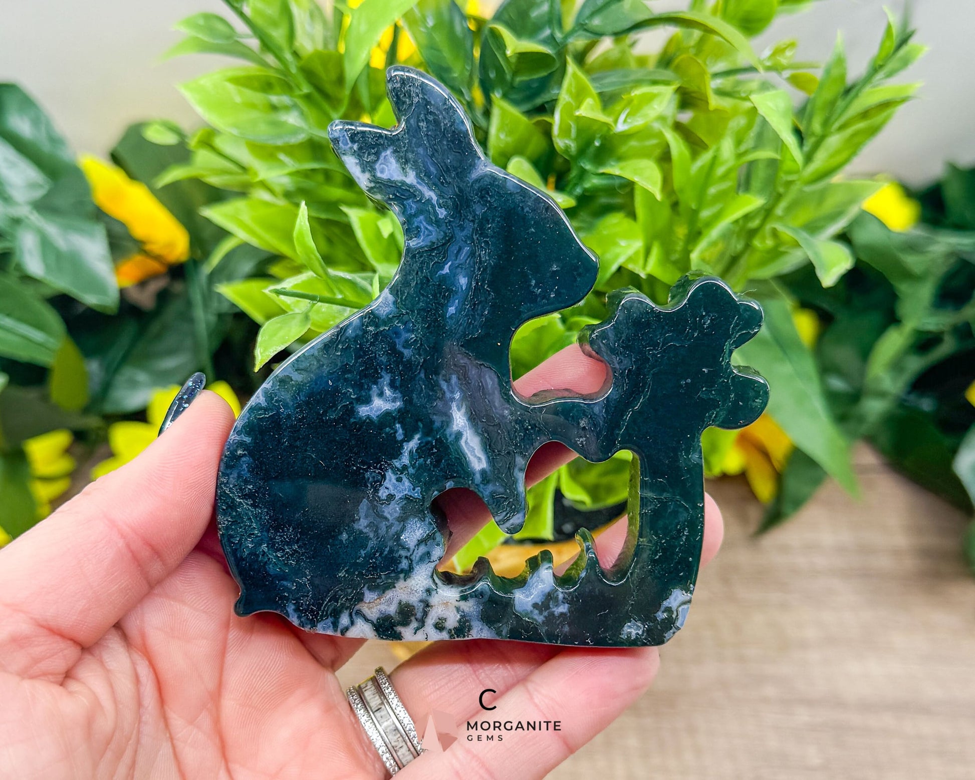 Moss Agate Rabbit Kissing Flower Carving – Perfect for Ostara and Easter Decor-Morganite Gems