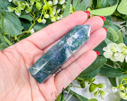 Moss Agate Tower Point – Tranquil Earthy Charm for Spiritual Connection - A - Metaphysical Crystals