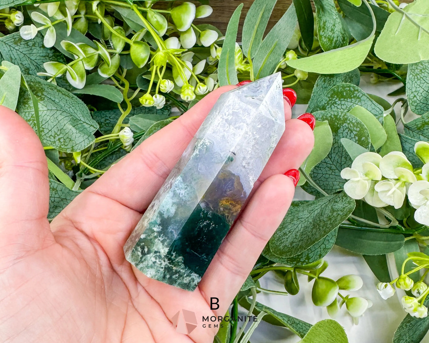 Moss Agate Tower Point – Tranquil Earthy Charm for Spiritual Connection - B - Metaphysical Crystals
