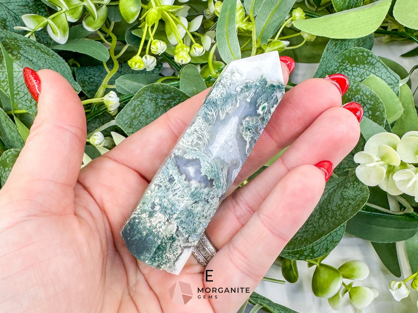 Moss Agate Tower Point – Tranquil Earthy Charm for Spiritual Connection - E - Metaphysical Crystals