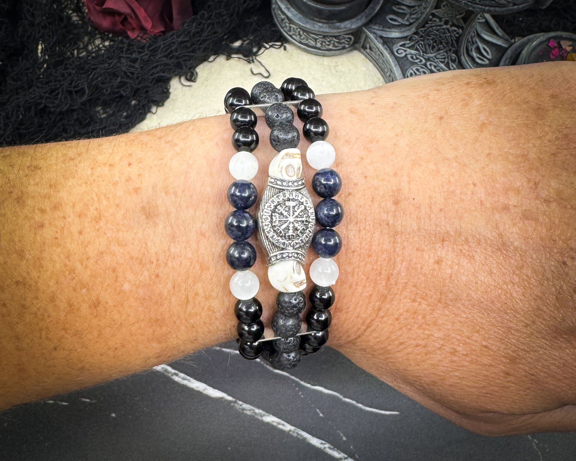 Nordic Gemstones Helm of Awe Bracelet – Triple Strand Sapphire Selenite Black Onyx Lava Stone & Skull - Jewelry