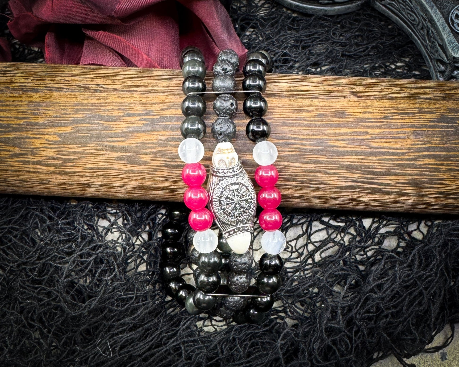 Nordic Gemstones Helm of Awe Bracelet – Triple Strand Ruby Selenite Blue Obsidian Lava & Skull - Jewelry