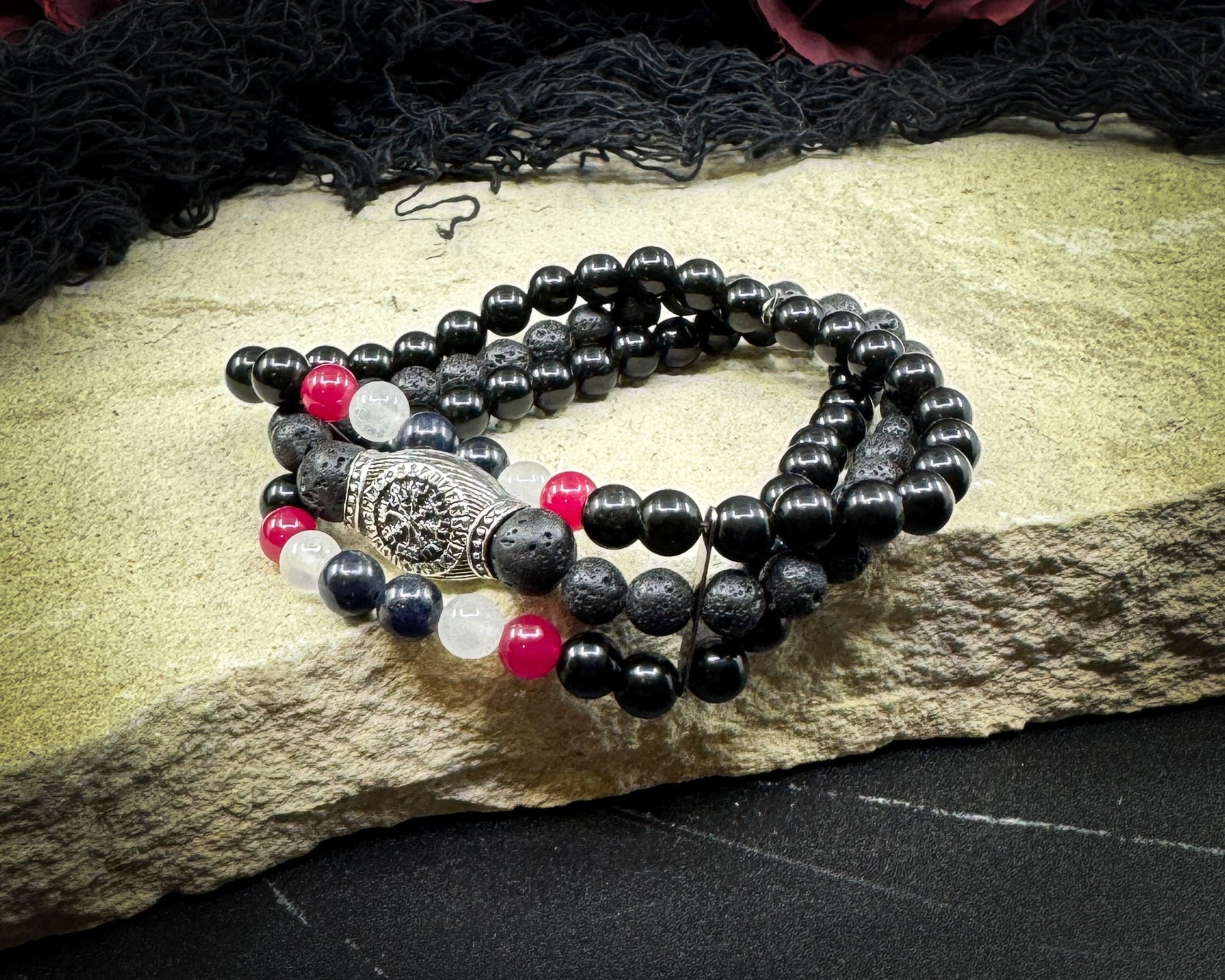 Nordic Gemstones Helm of Awe Bracelet – Triple Strand Ruby Sapphire Selenite Lava & Blue Obsidian - Jewelry
