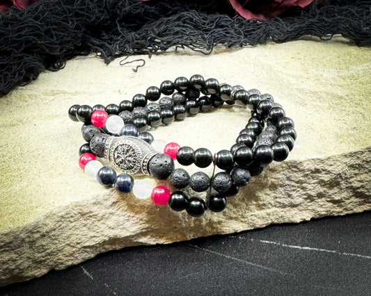 Nordic Gemstones Helm of Awe Bracelet – Triple Strand Ruby Selenite Black Onyx Lava & Skull - Jewelry