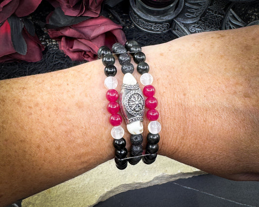 Nordic Gemstones Helm of Awe Bracelet – Triple Strand Ruby Selenite Blue Obsidian Lava & Skull - Jewelry
