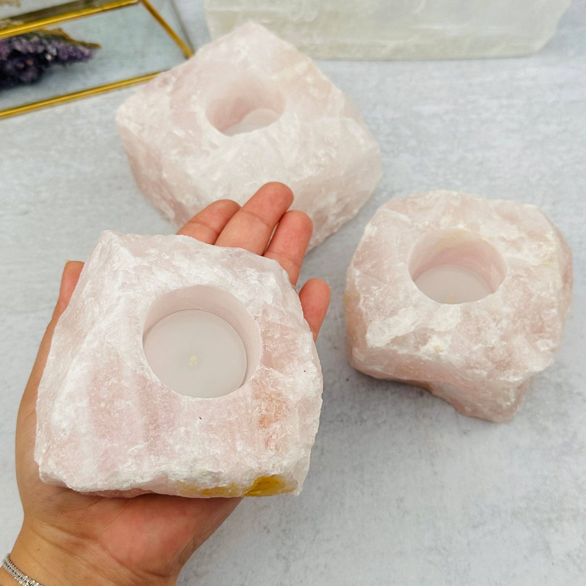 Natural Rose Quartz Candle Holder – Crystal Tealight Holder for Love & Healing Energy-Morganite Gems