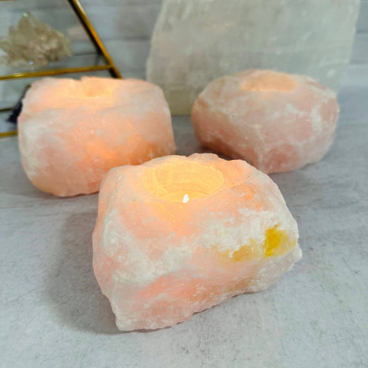 Natural Rose Quartz Candle Holder – Crystal Tealight Holder for Love & Healing Energy-Morganite Gems