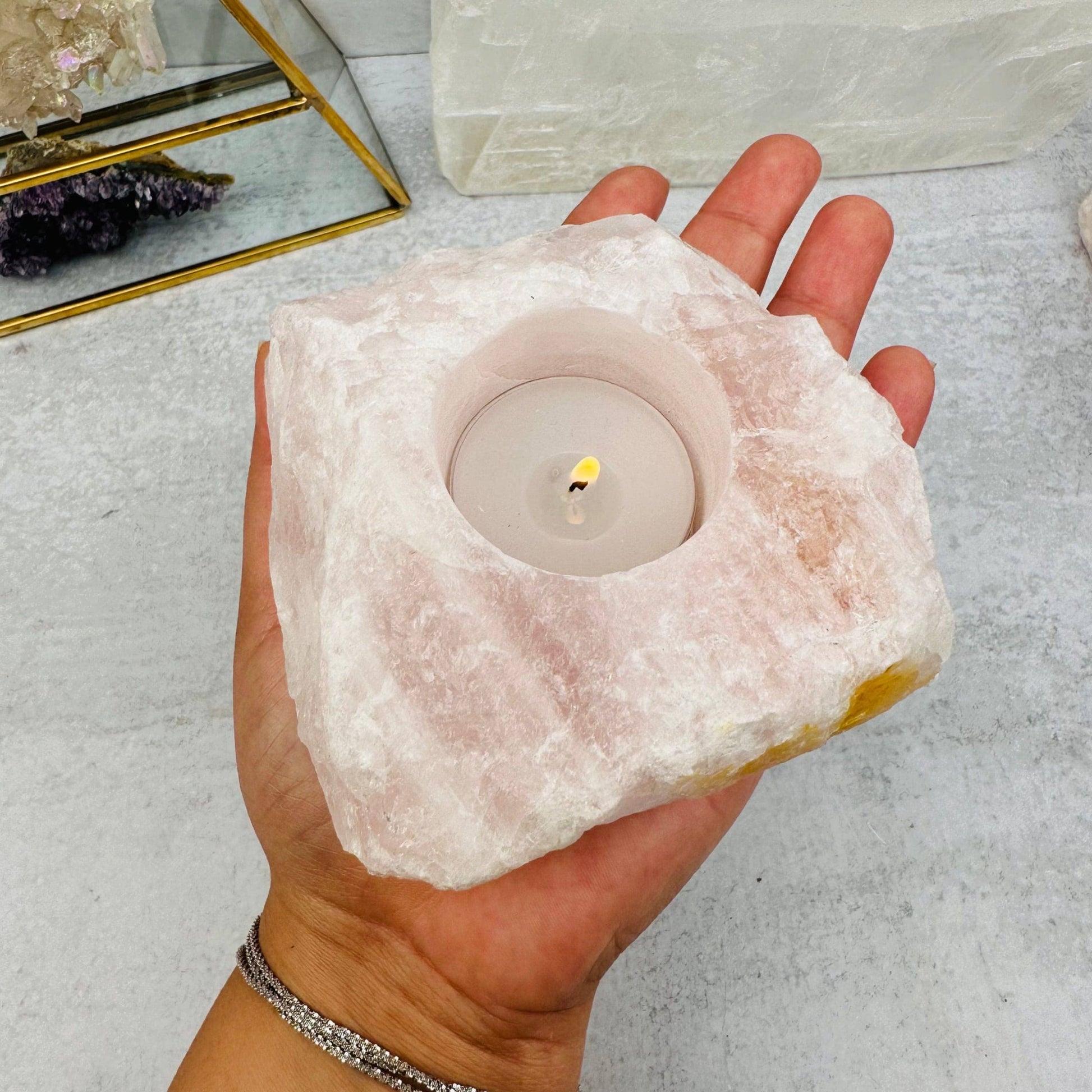 Natural Rose Quartz Candle Holder – Crystal Tealight Holder for Love & Healing Energy-Morganite Gems