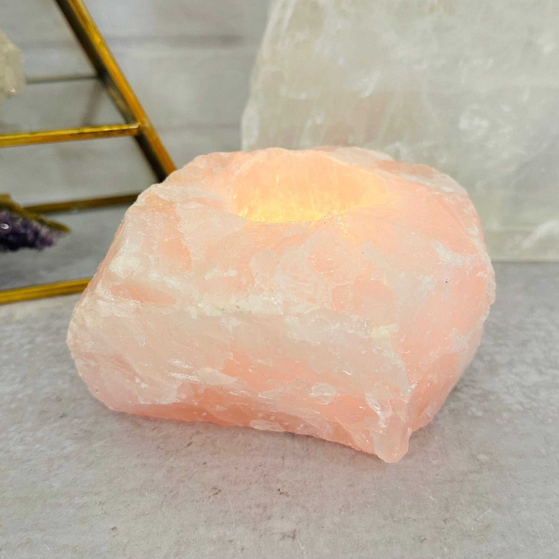 Natural Rose Quartz Candle Holder – Crystal Tealight Holder for Love & Healing Energy-Morganite Gems