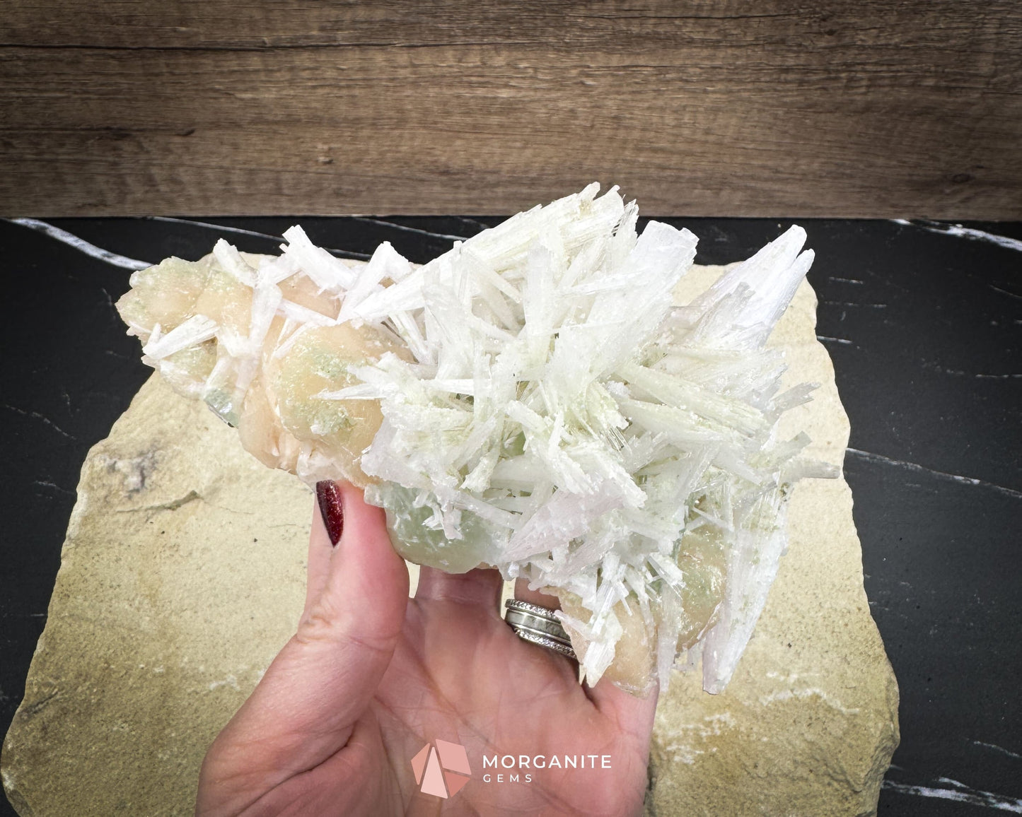 Natural Scolecite Spray on Orange Stilbite – Zeolite Crystal Cluster for Healing Meditation & Decor - Metaphysical
