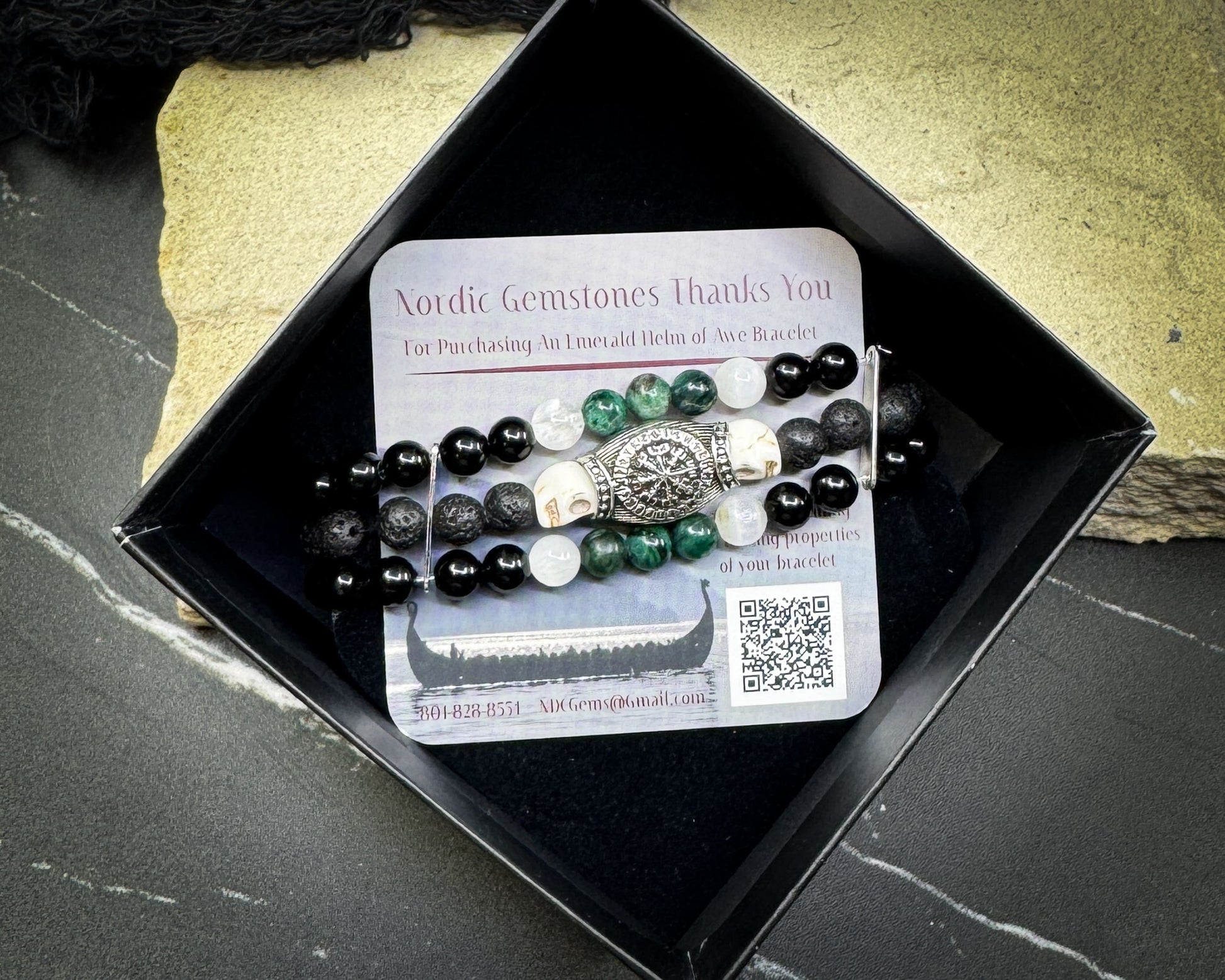 Nordic Gemstones Helm of Awe Bracelet – Triple Strand Emerald Selenite Onyx Lava Stone & Skull - Jewelry