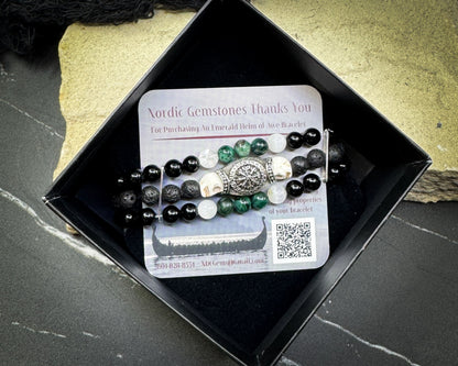 Nordic Gemstones Helm of Awe Bracelet – Triple Strand Emerald Selenite Onyx Lava Stone & Skull - Jewelry