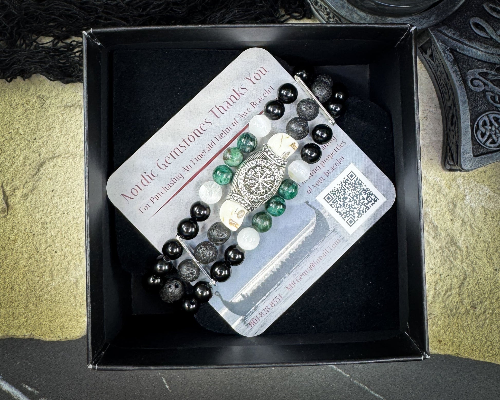Nordic Gemstones Helm of Awe Bracelet – Triple Strand Emerald Selenite Onyx Lava Stone & Skull - Jewelry