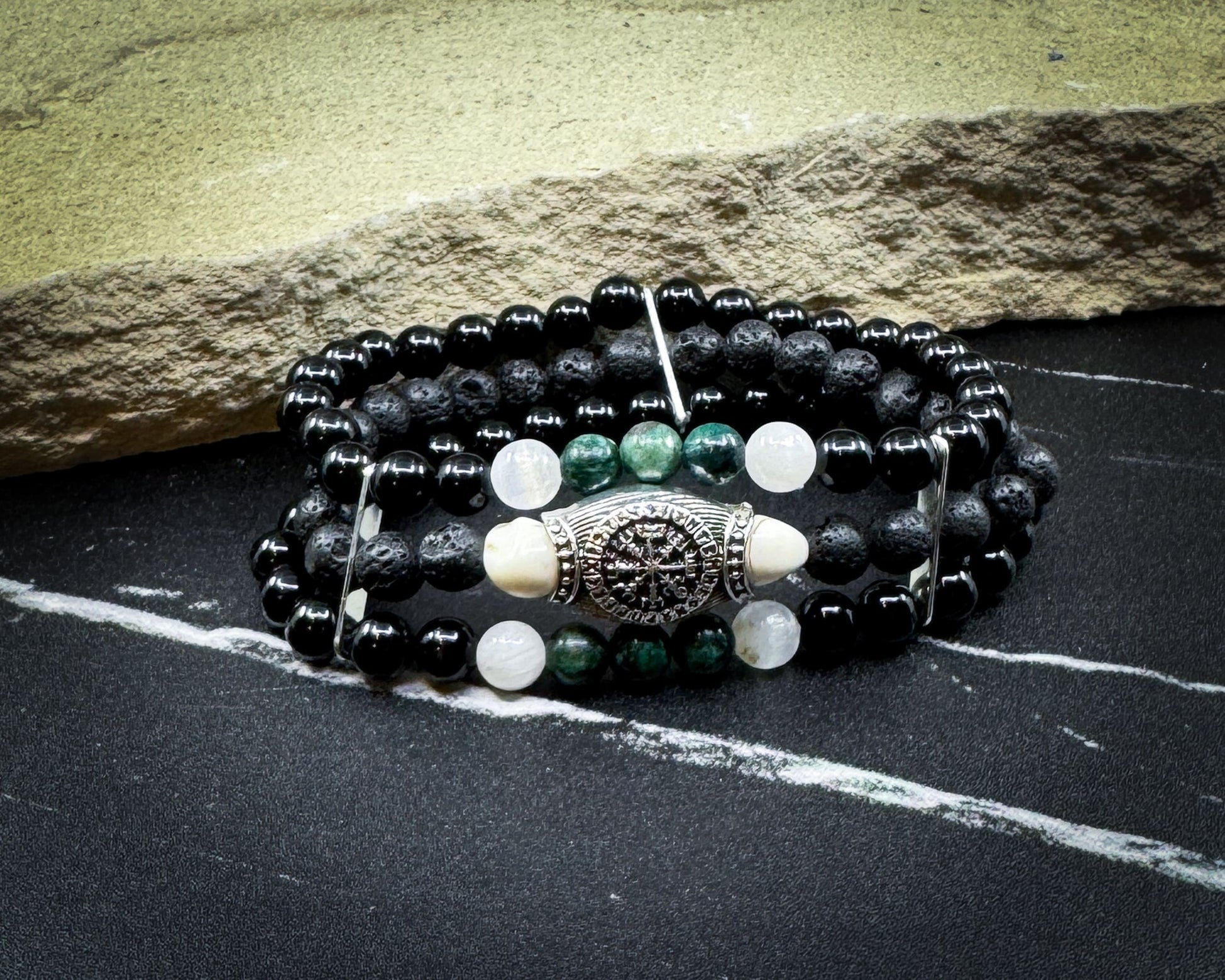 Nordic Gemstones Helm of Awe Bracelet – Triple Strand Emerald Selenite Onyx Lava Stone & Skull - Jewelry