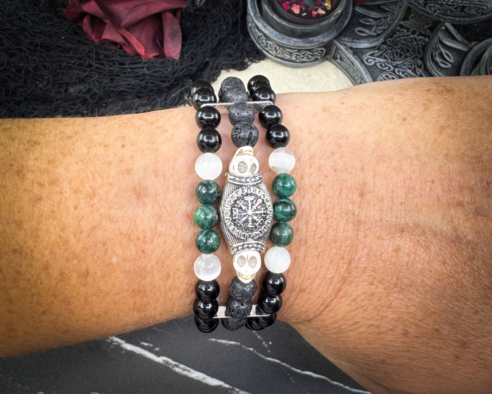 Nordic Gemstones Helm of Awe Bracelet – Triple Strand Emerald Selenite Onyx Lava Stone & Skull - Jewelry