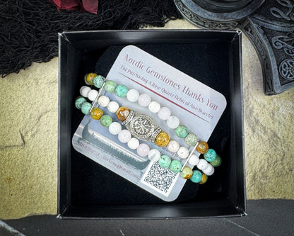 Nordic Gemstones Helm of Awe Bracelet – Triple Strand Rose Quartz Turquoise White Turquoise & Selenite - Jewelry