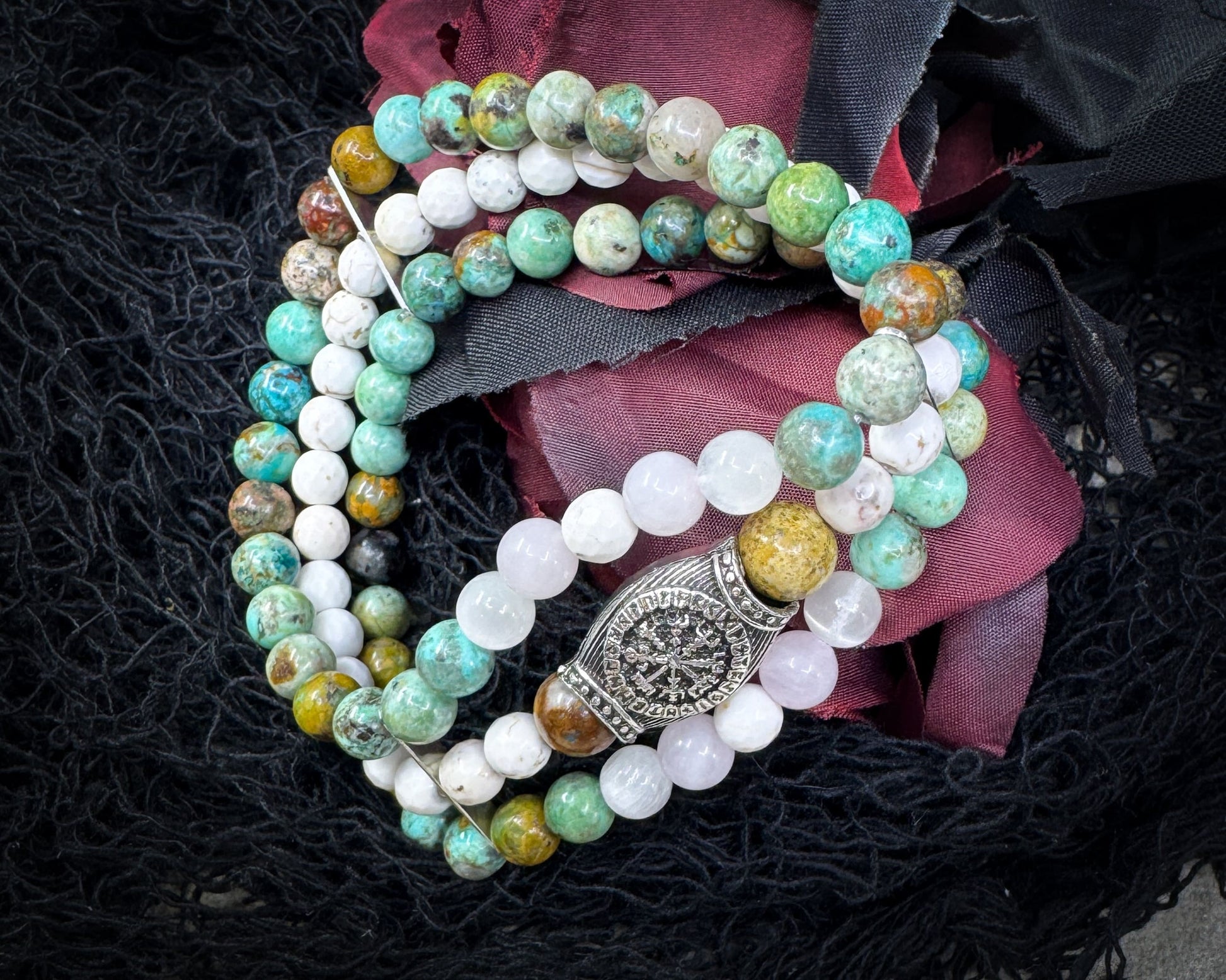 Nordic Gemstones Helm of Awe Bracelet – Triple Strand Rose Quartz Turquoise White Turquoise & Selenite - Jewelry