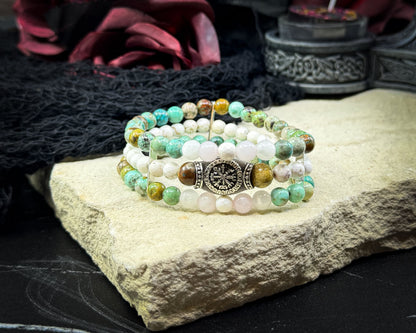 Nordic Gemstones Helm of Awe Bracelet – Triple Strand Rose Quartz Turquoise White Turquoise & Selenite - Jewelry