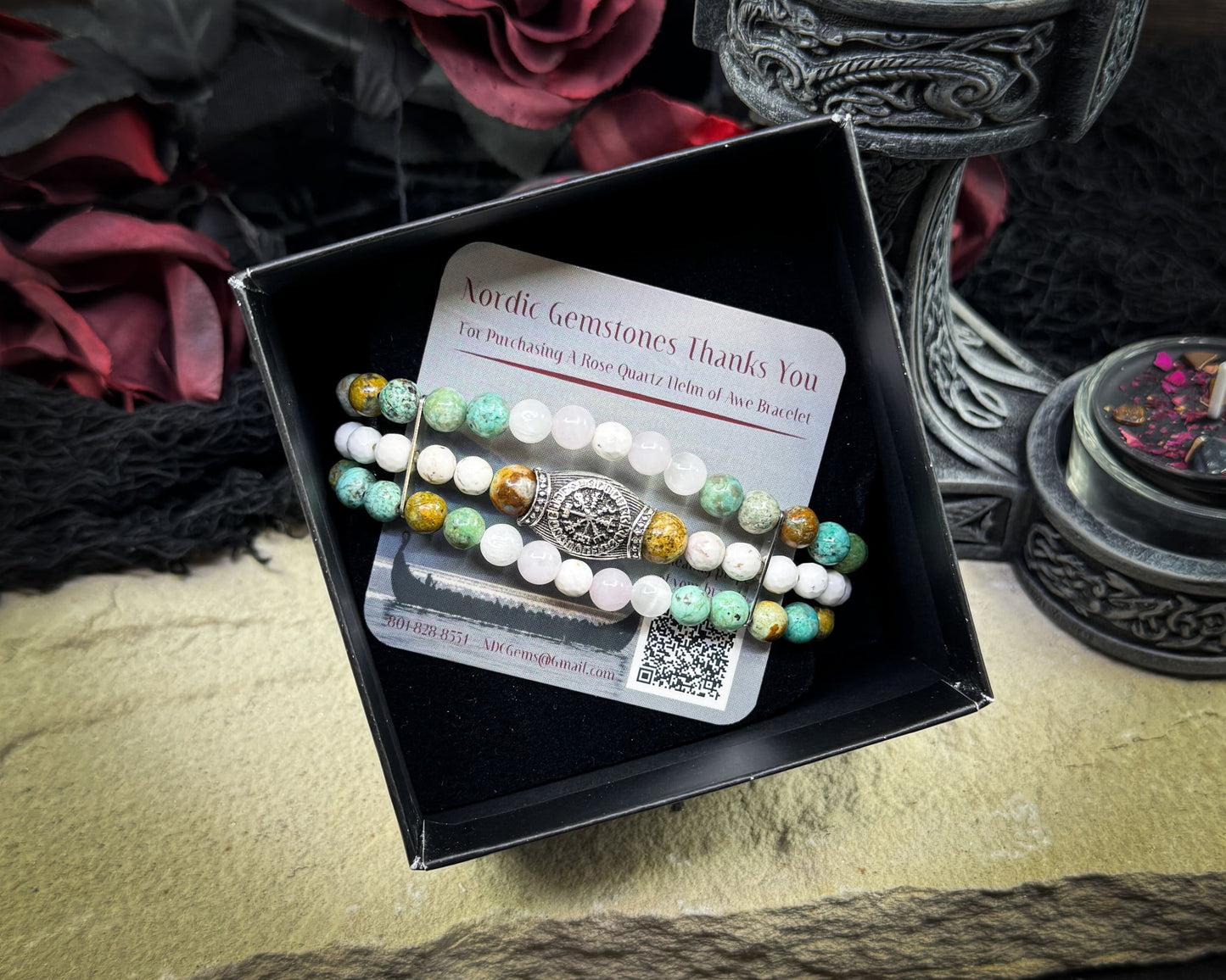 Nordic Gemstones Helm of Awe Bracelet – Triple Strand Rose Quartz Turquoise White Turquoise & Selenite - Jewelry