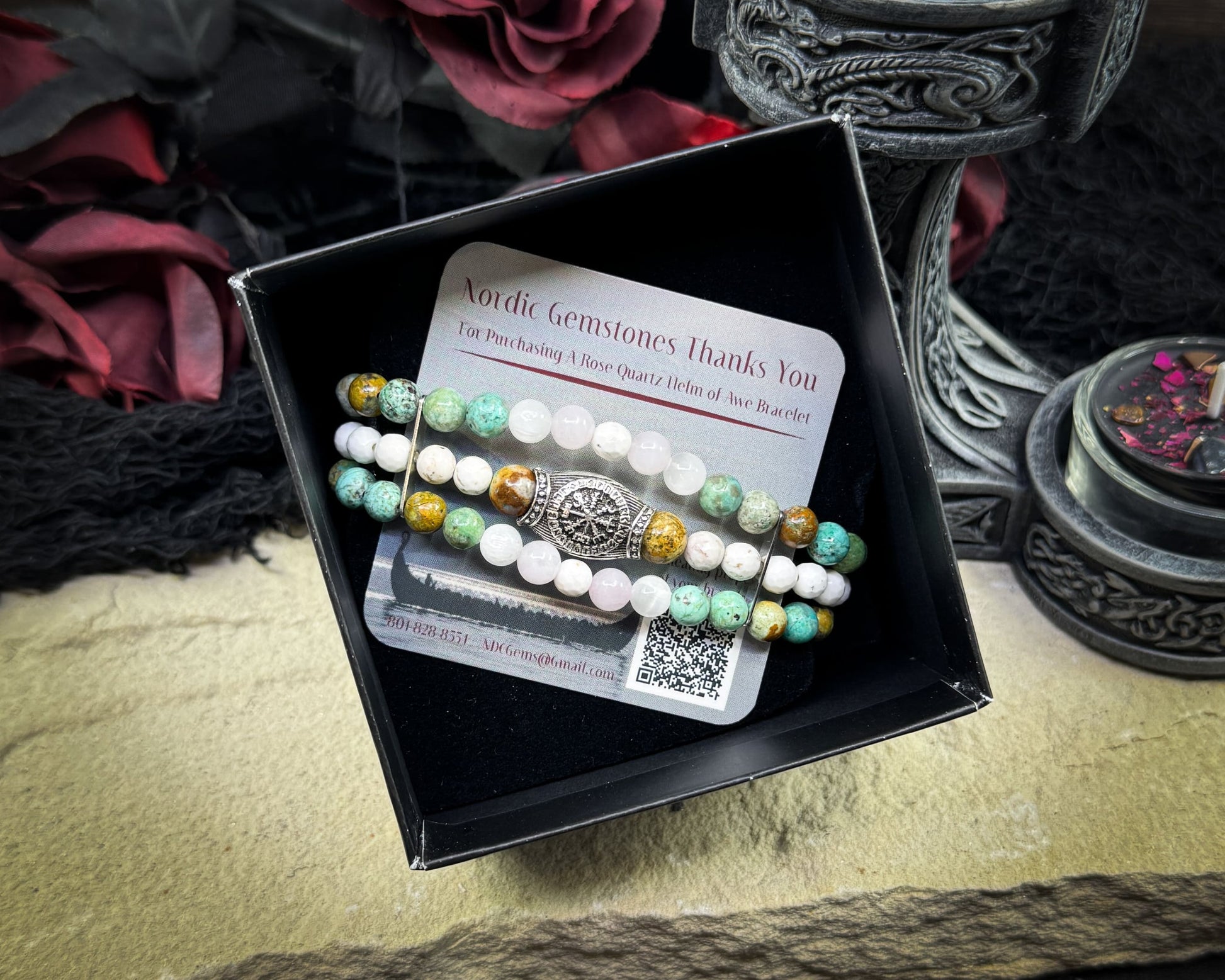 Nordic Gemstones Helm of Awe Bracelet – Triple Strand Rose Quartz Turquoise White Turquoise & Selenite - Jewelry