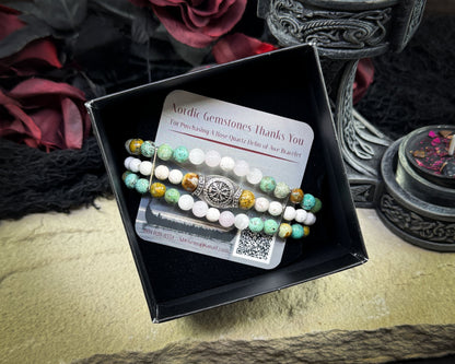Nordic Gemstones Helm of Awe Bracelet – Triple Strand Rose Quartz Turquoise White Turquoise & Selenite - Jewelry