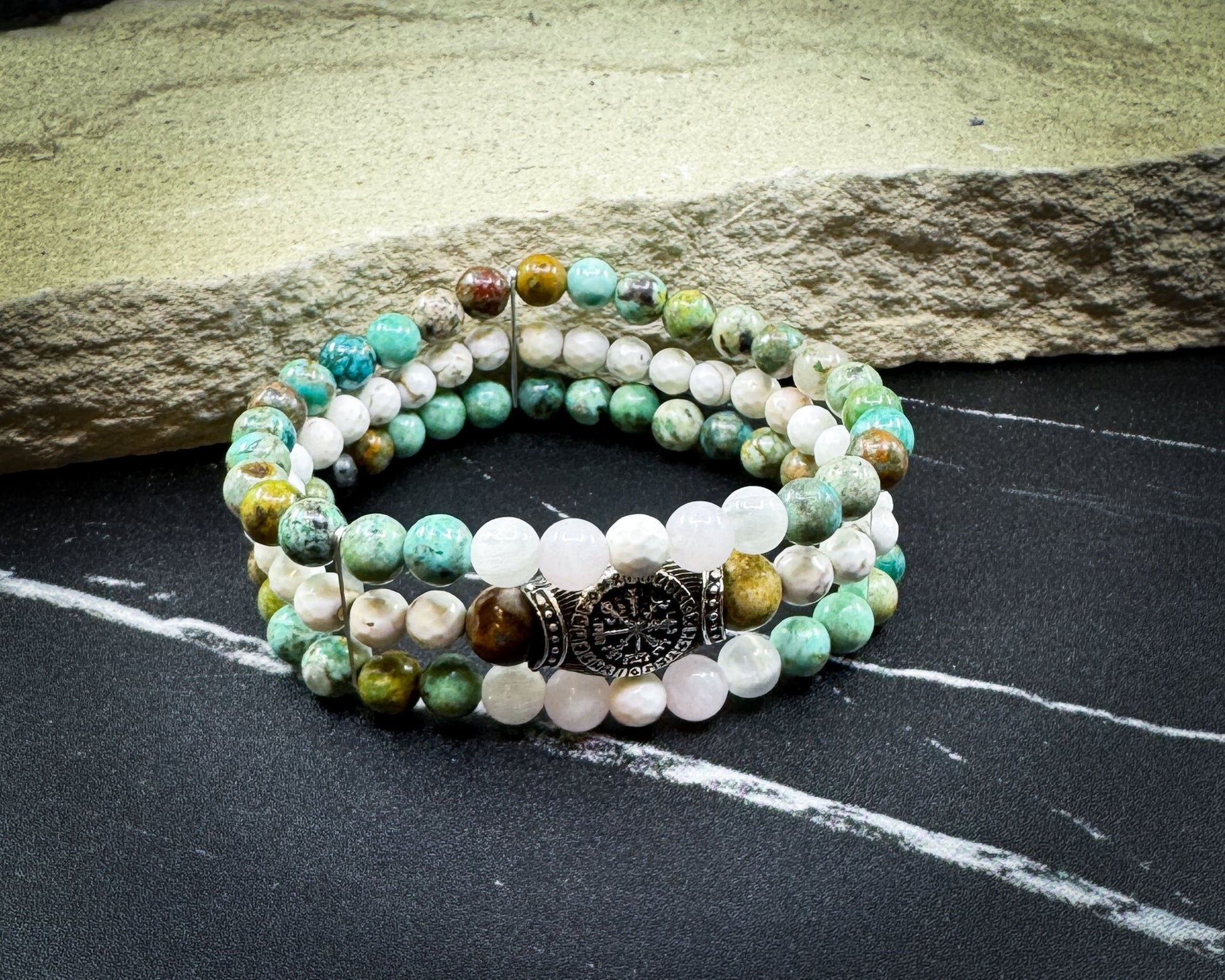 Nordic Gemstones Helm of Awe Bracelet – Triple Strand Rose Quartz Turquoise White Turquoise & Selenite - Jewelry