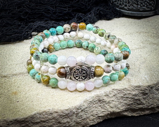 Nordic Gemstones Helm of Awe Bracelet – Triple Strand Rose Quartz Turquoise White Turquoise & Selenite - Jewelry