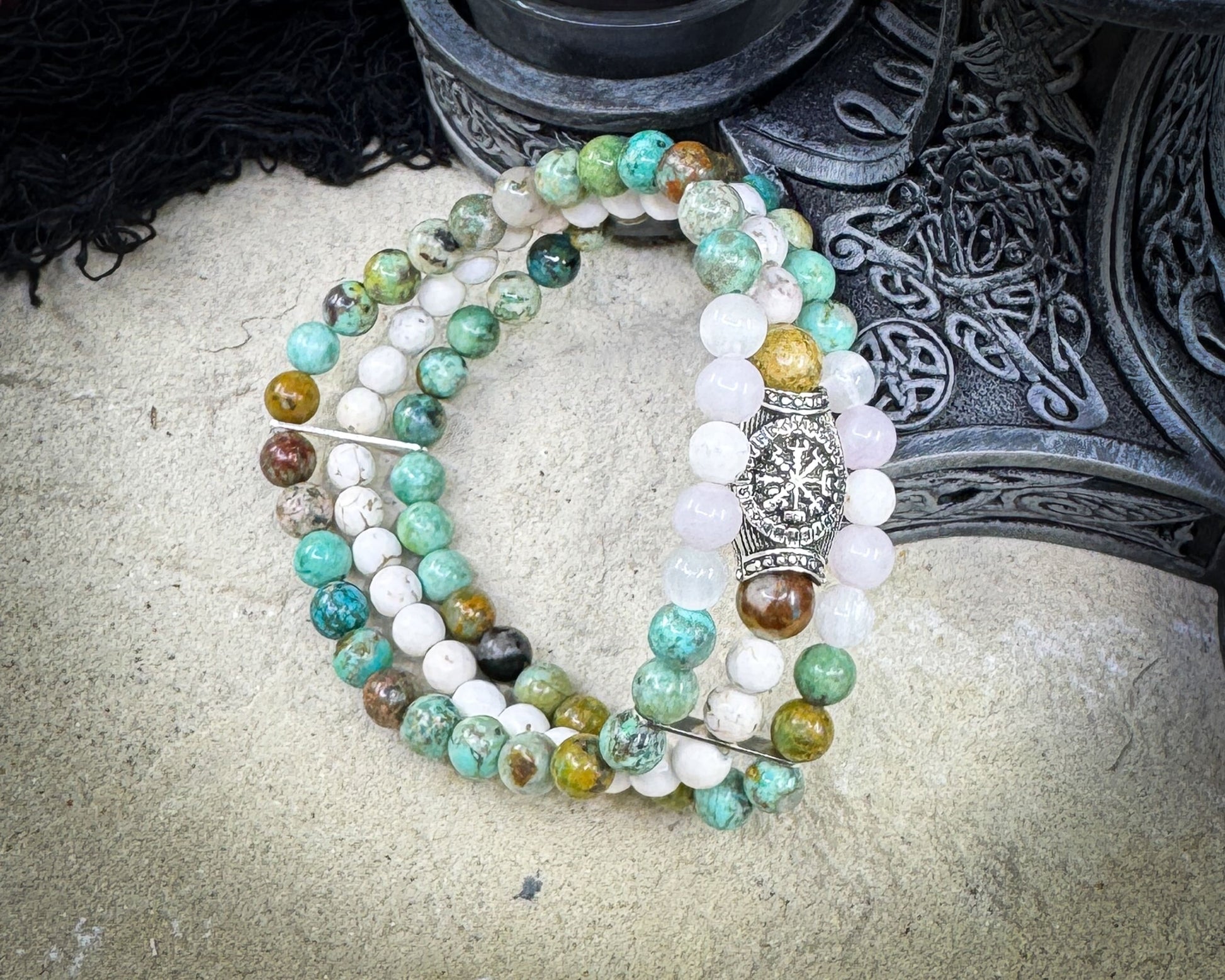 Nordic Gemstones Helm of Awe Bracelet – Triple Strand Rose Quartz Turquoise White Turquoise & Selenite - Jewelry