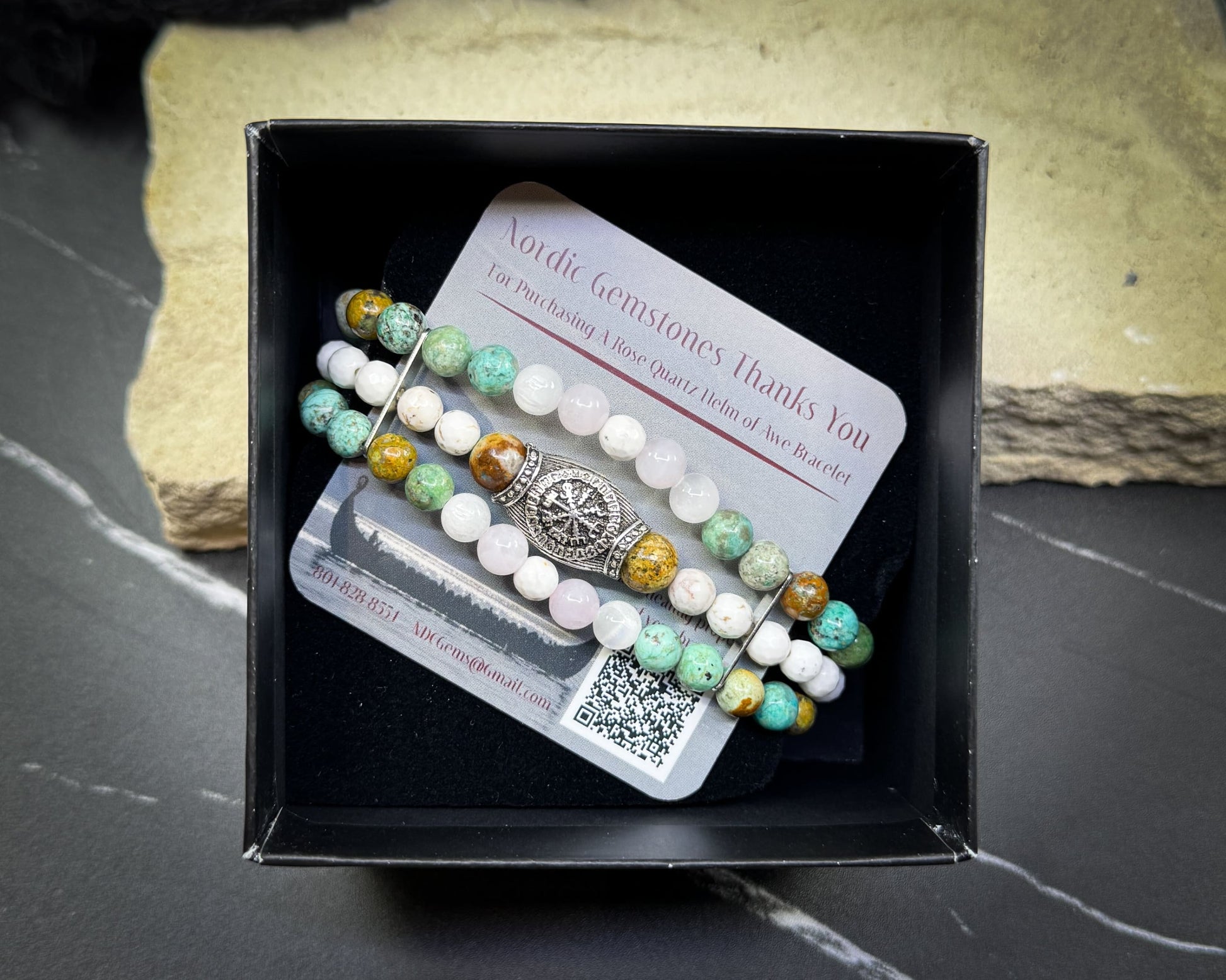 Nordic Gemstones Helm of Awe Bracelet – Triple Strand Rose Quartz Turquoise White Turquoise & Selenite - Jewelry