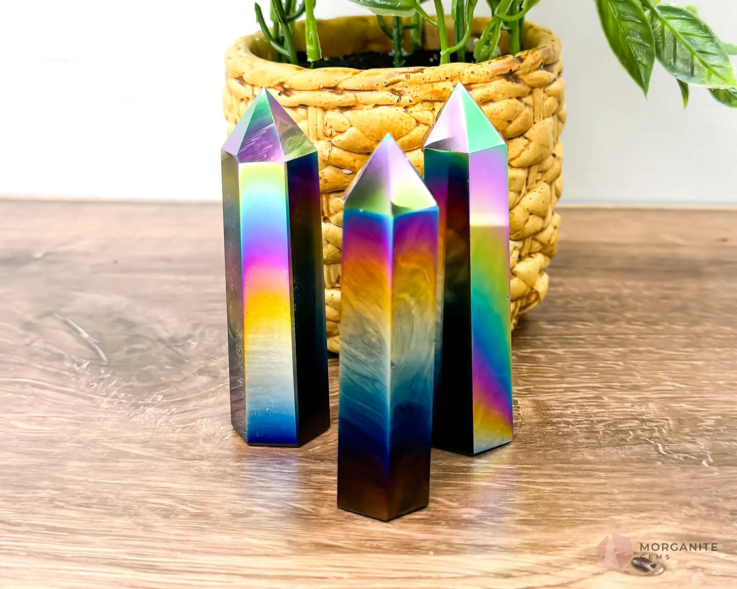 Obsidian Obelisk Point Tower Black Rainbow Plated-Morganite Gems