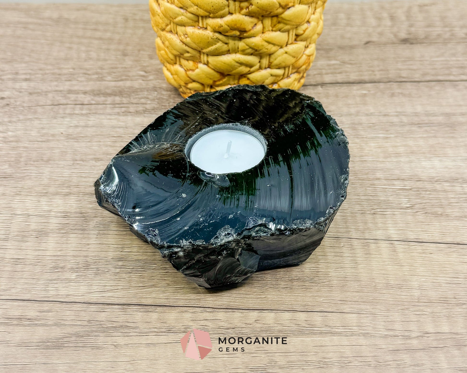 Obsidian Tea Light Candle Holder – Raw Elegance and Natural Beauty-Morganite Gems