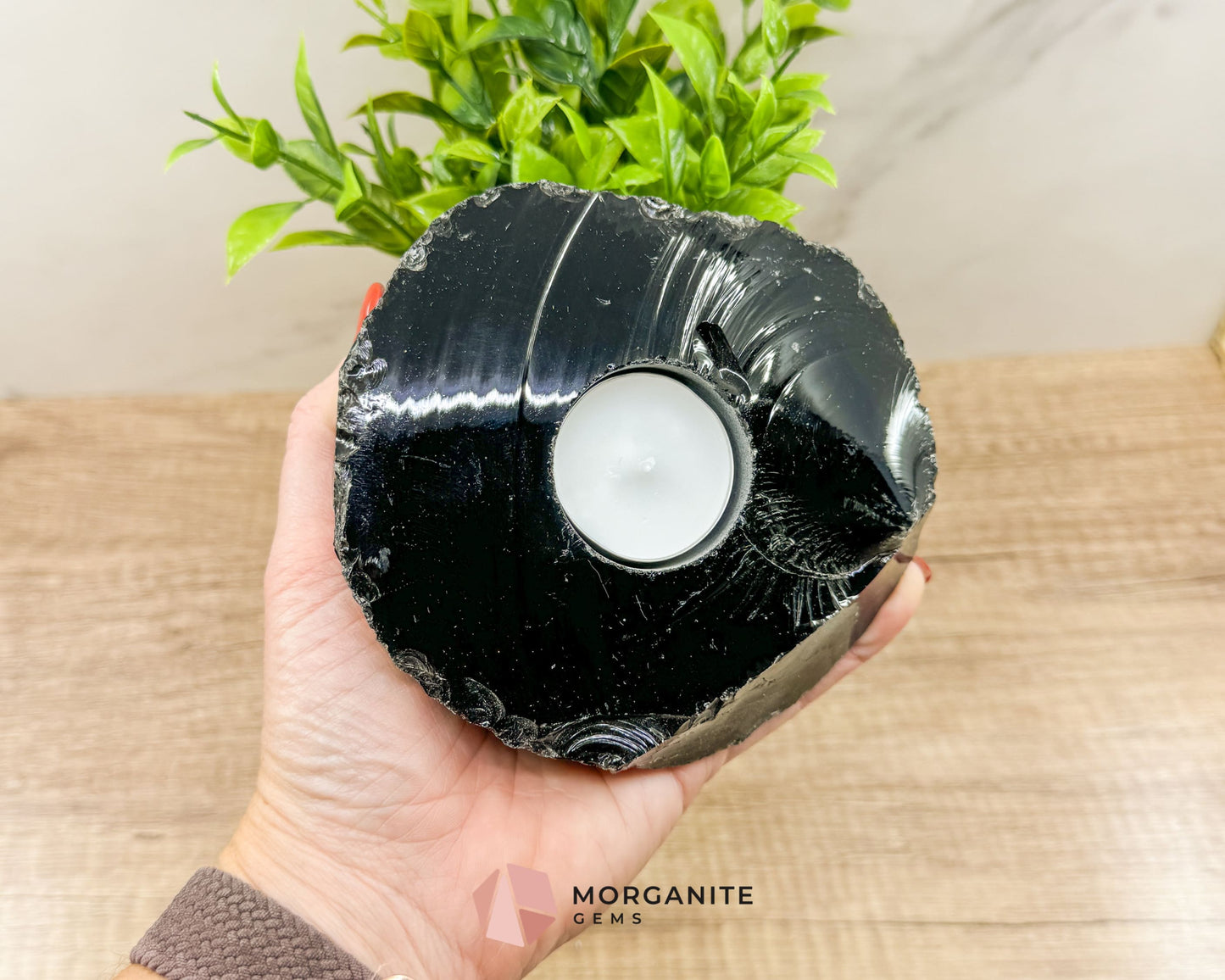 Obsidian Tea Light Candle Holder – Raw Elegance and Natural Beauty-Morganite Gems