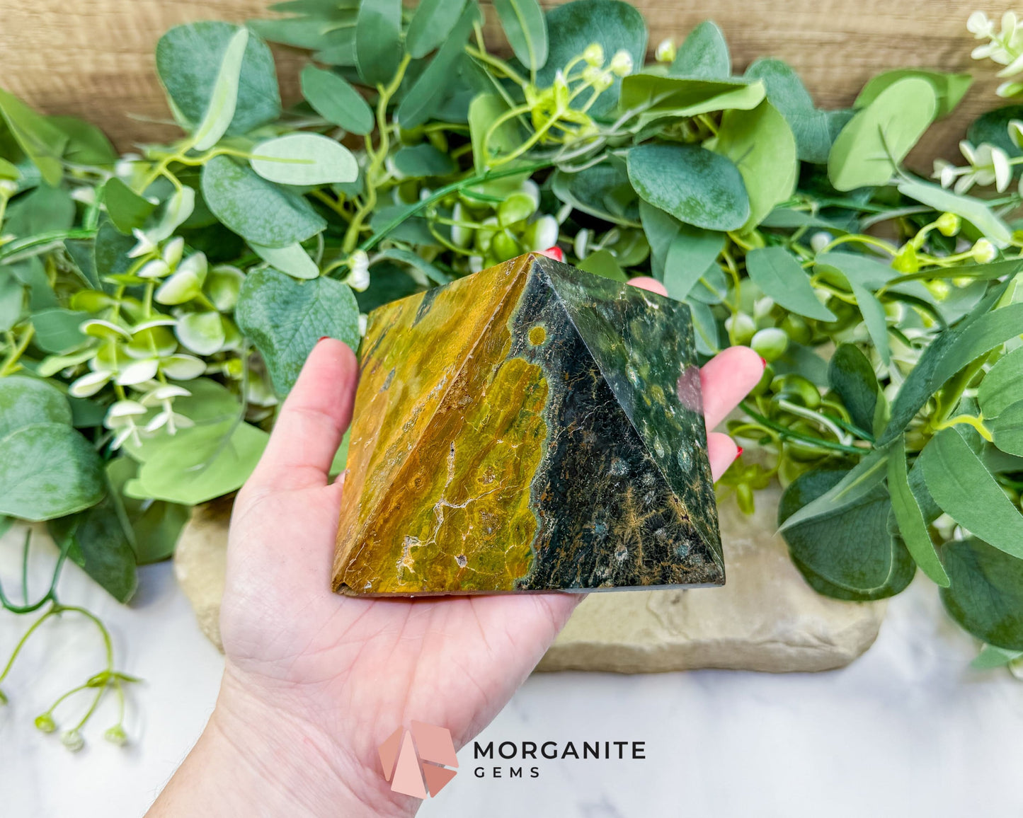 Ocean Jasper Crystal Pyramid No. 2 (4in) - Sunshine Yellow Orbicular Stone for Positivity & Joy - Metaphysical Crystals