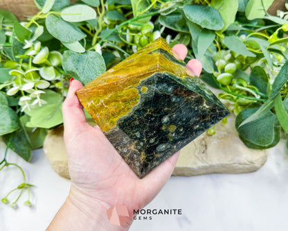 Ocean Jasper Crystal Pyramid No. 2 (4in) - Sunshine Yellow Orbicular Stone for Positivity & Joy - Metaphysical Crystals