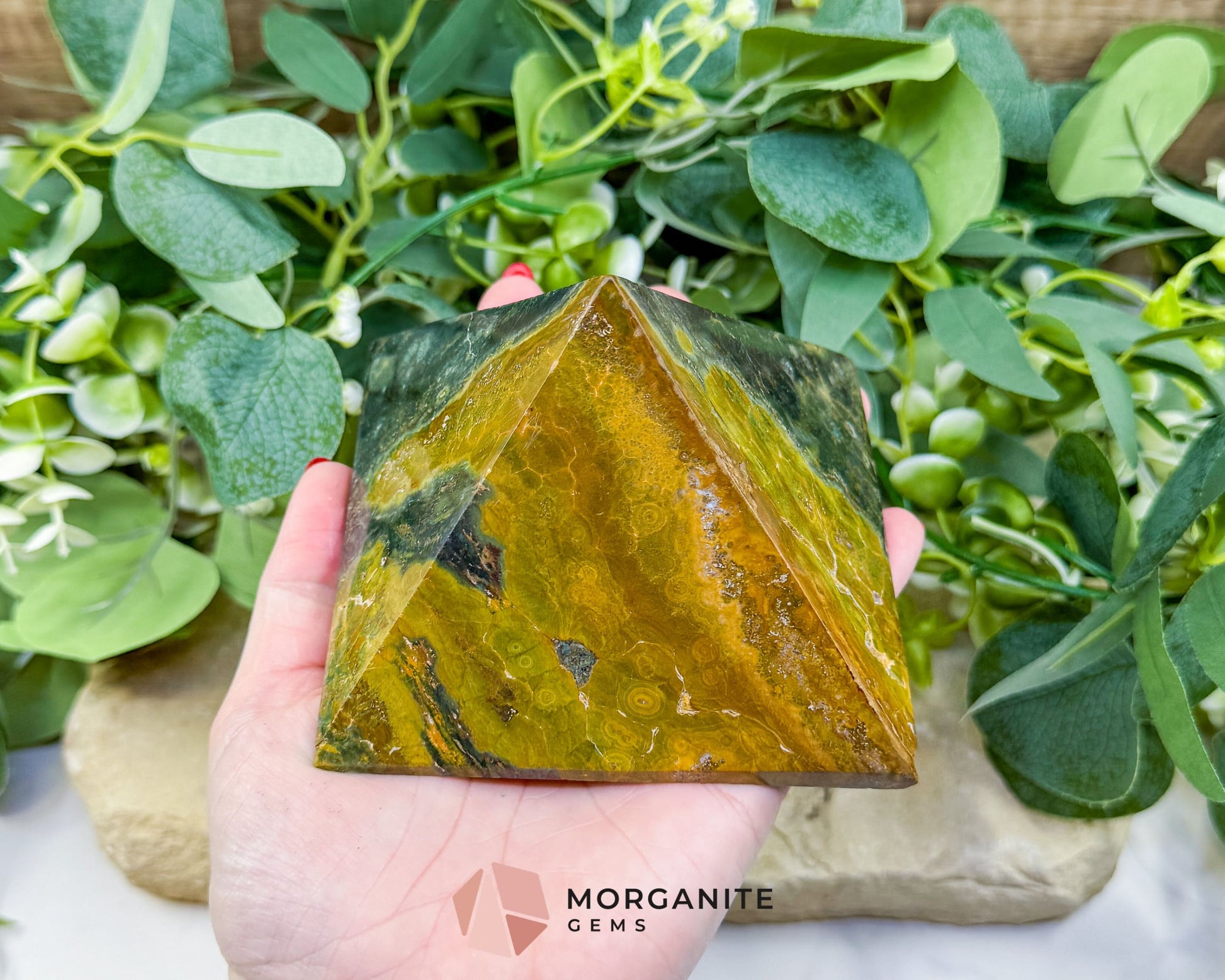 Ocean Jasper Crystal Pyramid No. 2 (4in) - Sunshine Yellow Orbicular Stone for Positivity & Joy - Metaphysical Crystals