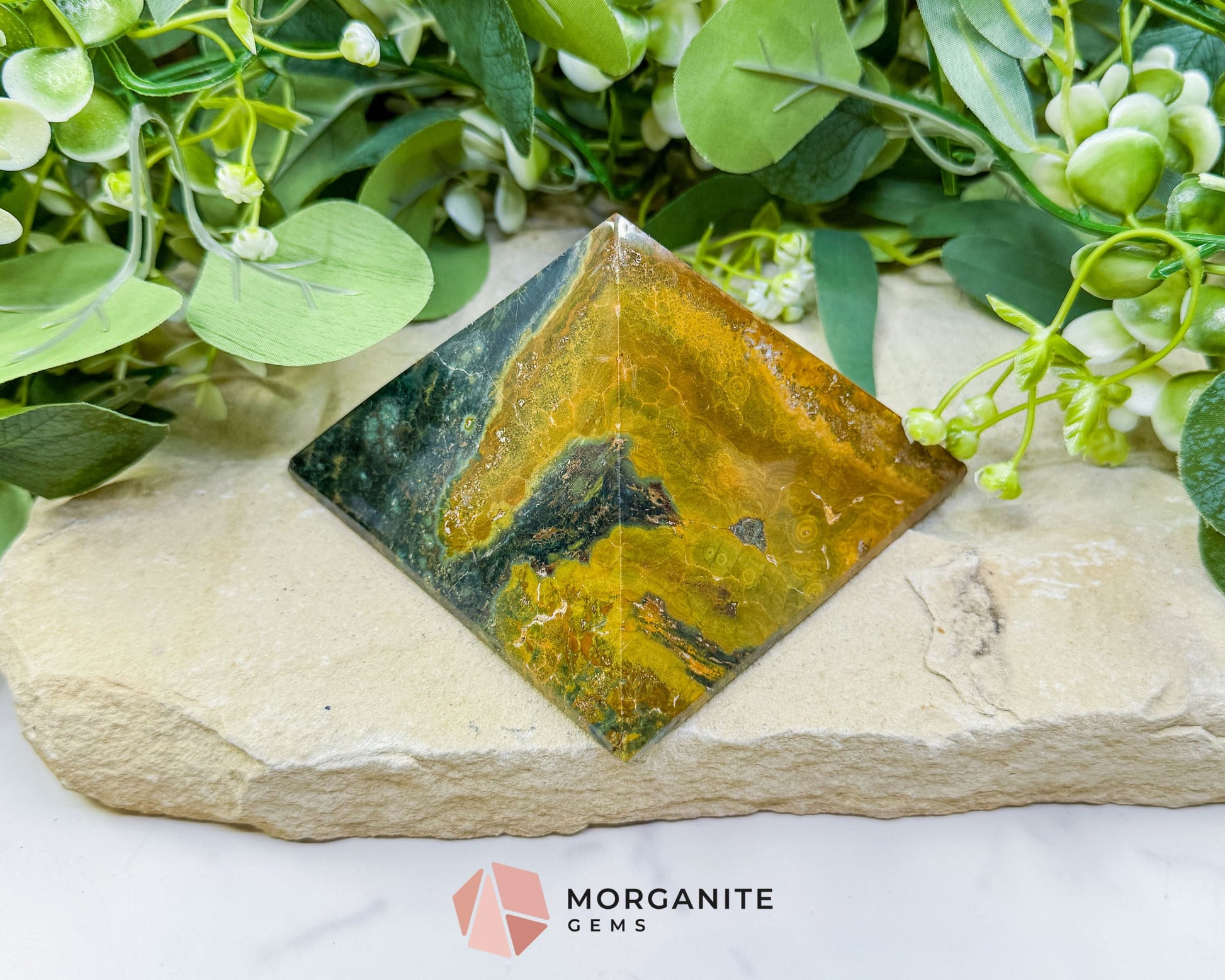 Ocean Jasper Crystal Pyramid No. 2 (4in) - Sunshine Yellow Orbicular Stone for Positivity & Joy - Metaphysical Crystals