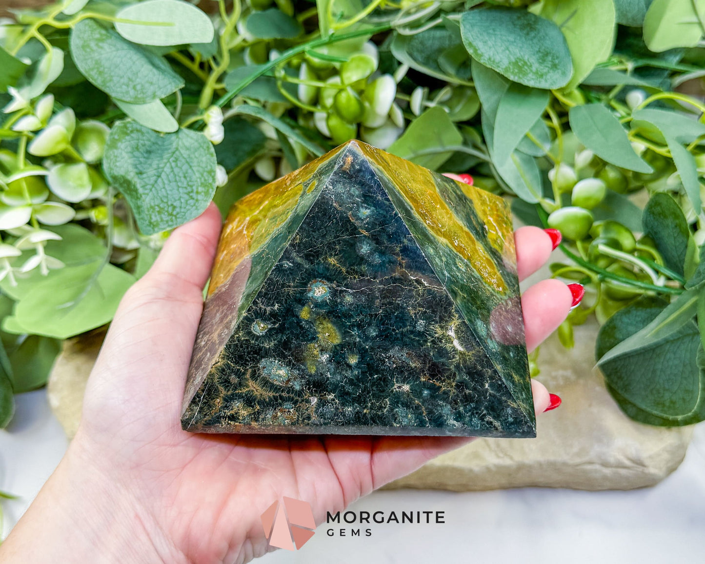 Ocean Jasper Crystal Pyramid No. 2 (4in) - Sunshine Yellow Orbicular Stone for Positivity & Joy - Metaphysical Crystals