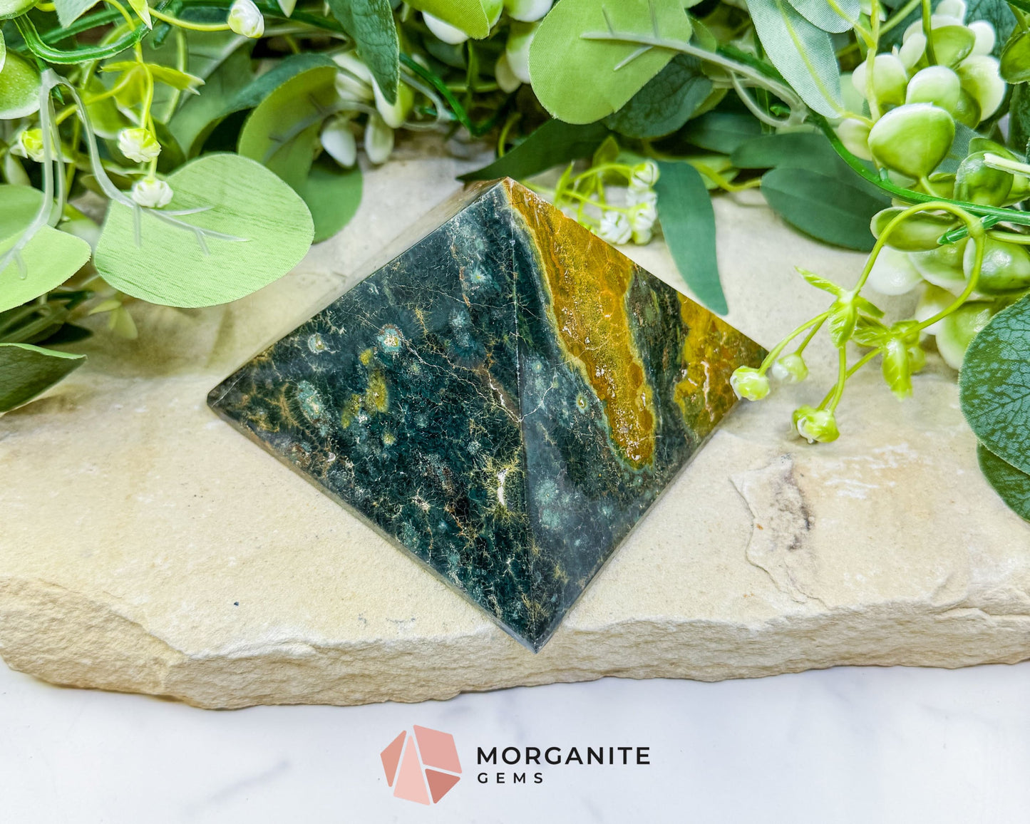 Ocean Jasper Crystal Pyramid No. 2 (4in) - Sunshine Yellow Orbicular Stone for Positivity & Joy - Metaphysical Crystals