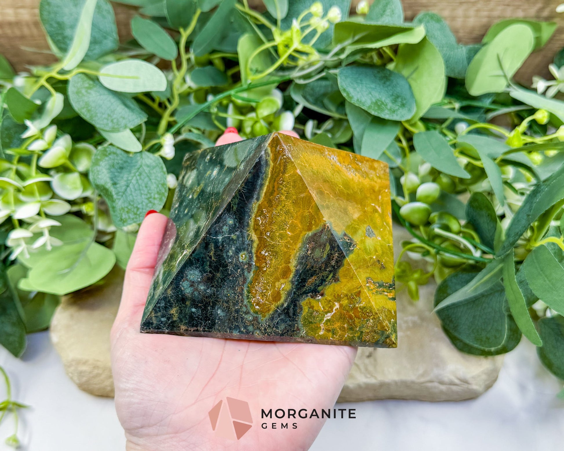 Ocean Jasper Crystal Pyramid No. 2 (4in) - Sunshine Yellow Orbicular Stone for Positivity & Joy - Metaphysical Crystals