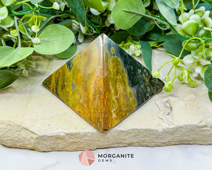 Ocean Jasper Crystal Pyramid No. 2 (4in) - Sunshine Yellow Orbicular Stone for Positivity & Joy - Metaphysical Crystals