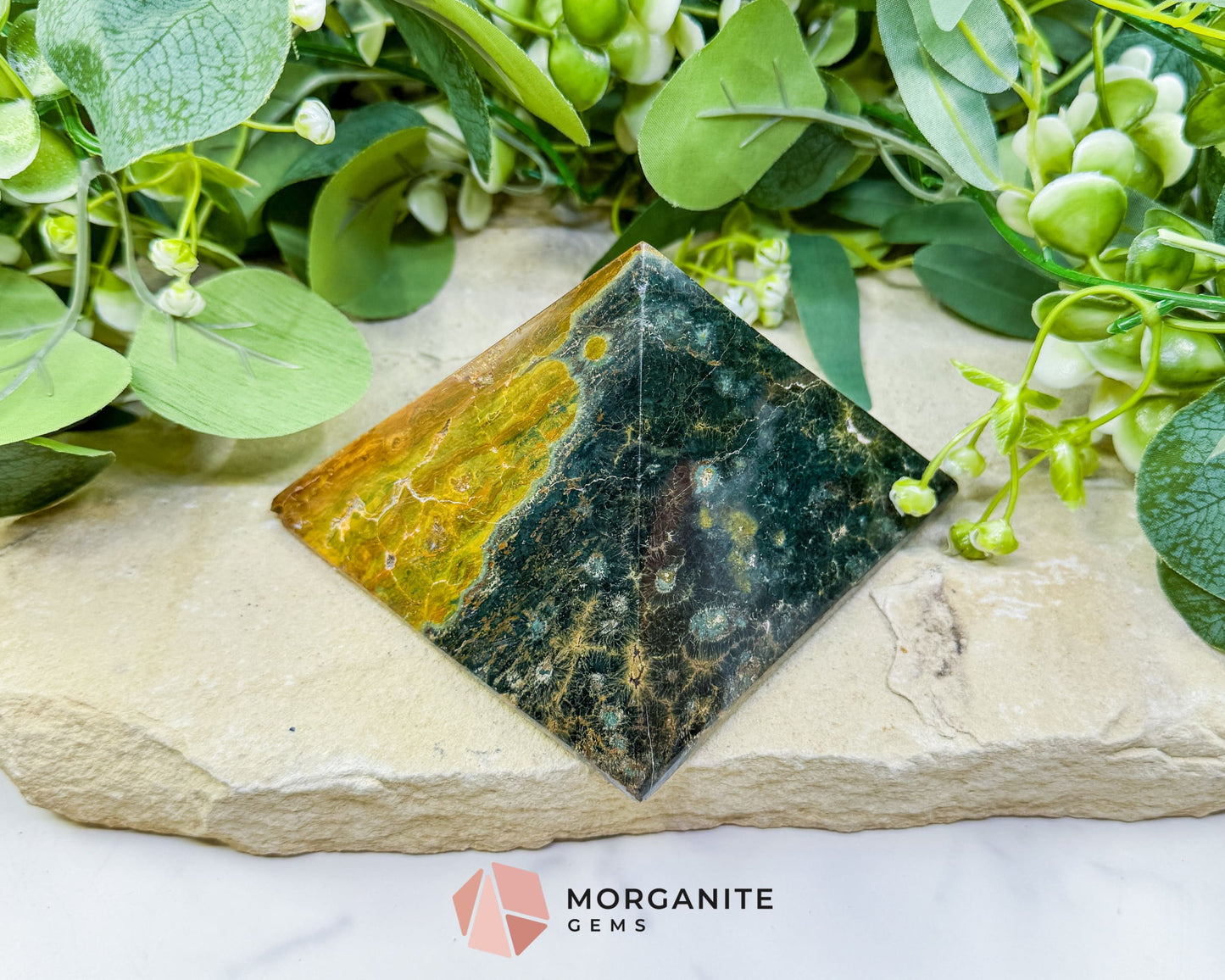 Ocean Jasper Crystal Pyramid No. 2 (4in) - Sunshine Yellow Orbicular Stone for Positivity & Joy - Metaphysical Crystals