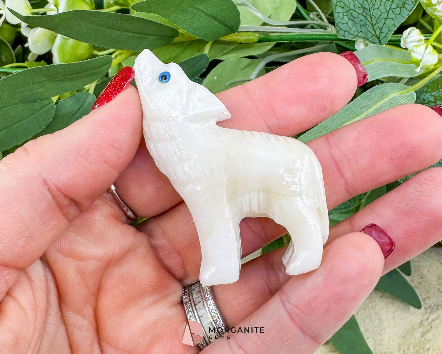 Onyx Wolf Carving – 2″ Hand‑Carved Wolf in Blue Onyx or White Onyx - White - Metaphysical Crystals