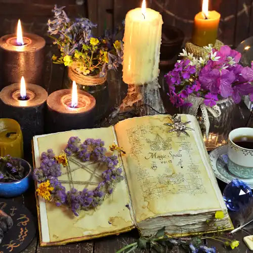 An open book of magic spells with a floral pentagram.