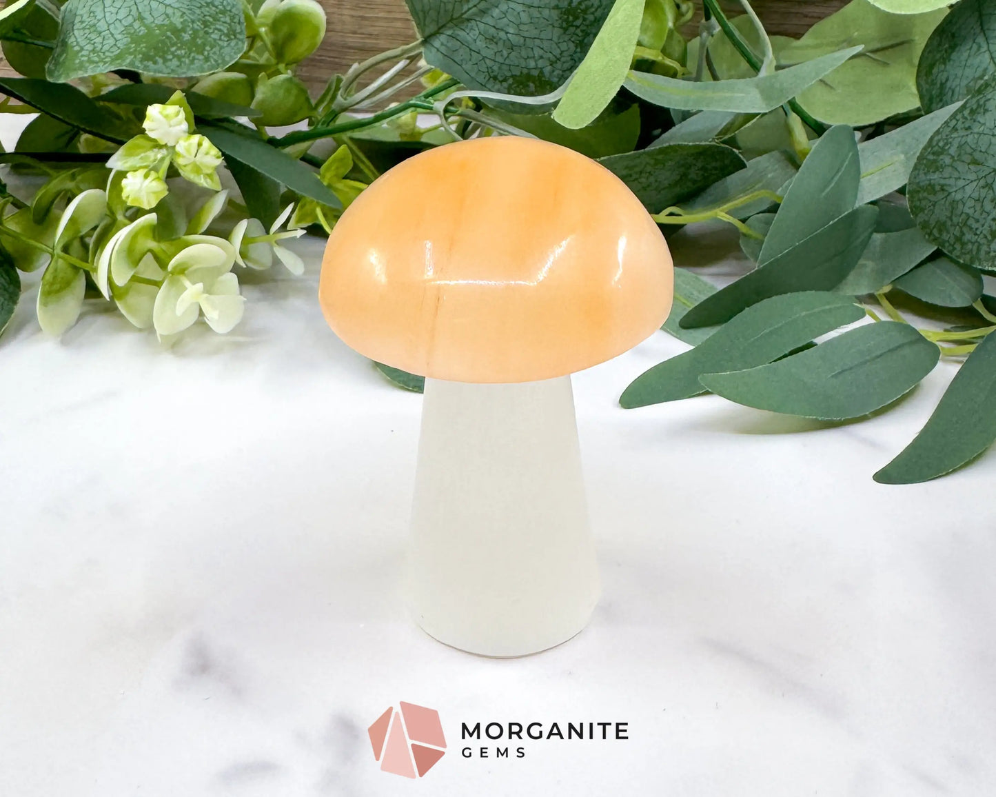 Orange and White Selenite Mushroom (5oz) – 2.9’’ Two-Tone Satin Spar Carving for Sacral & Crown Chakra Balance